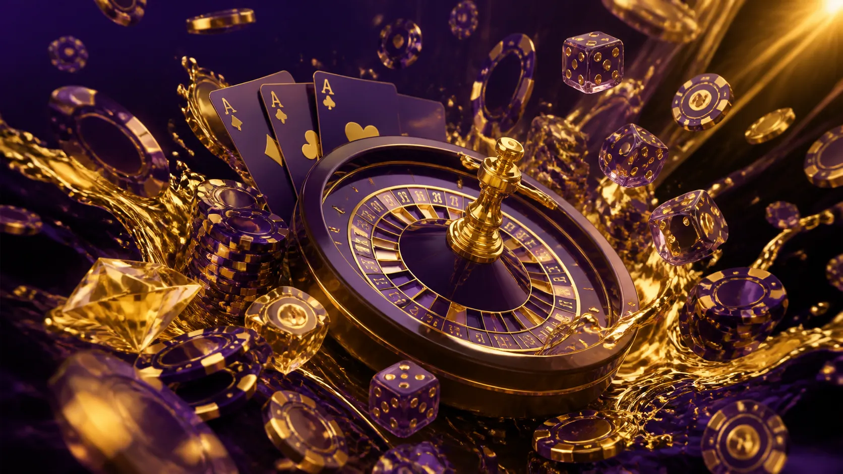 Cinematic hero banner featuring luxury casino elements like poker chips and gold bars, styled with a premium touch.