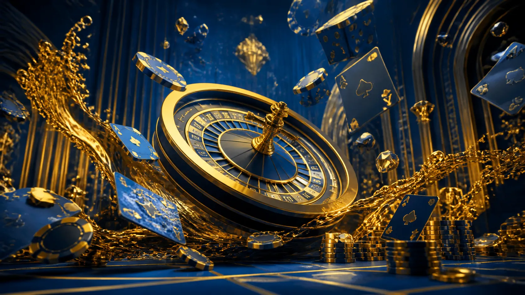 Luxurious casino scene with glowing poker chips, elegant playing cards, and vibrant dice in a cinematic composition.